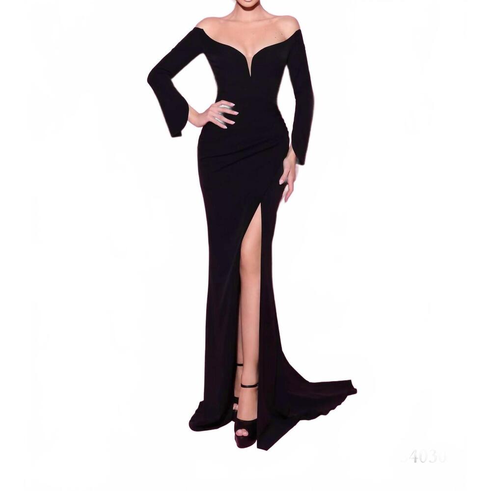NEW TARIK EDIZ plunging v-neck off shoulder evening dress in black